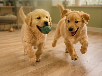 A litter of puppies playing together at Bark & Purr in Allen, TX.